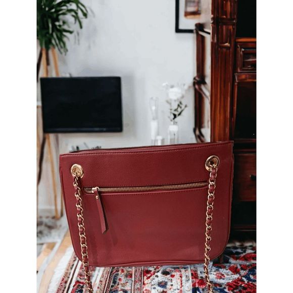 I.N.C | Leather Crimson Red & Gold Chain Shoulder Purse EUC - Picture 1 of 6